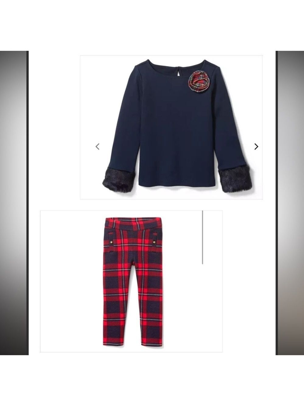 Faux fur cuff top and plaid jacquard pants
